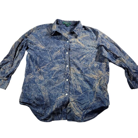 Lauren Ralph Lauren Shirt Womens Petite Large Button Up 3/4 Open Slv Geometric - Picture 1 of 9